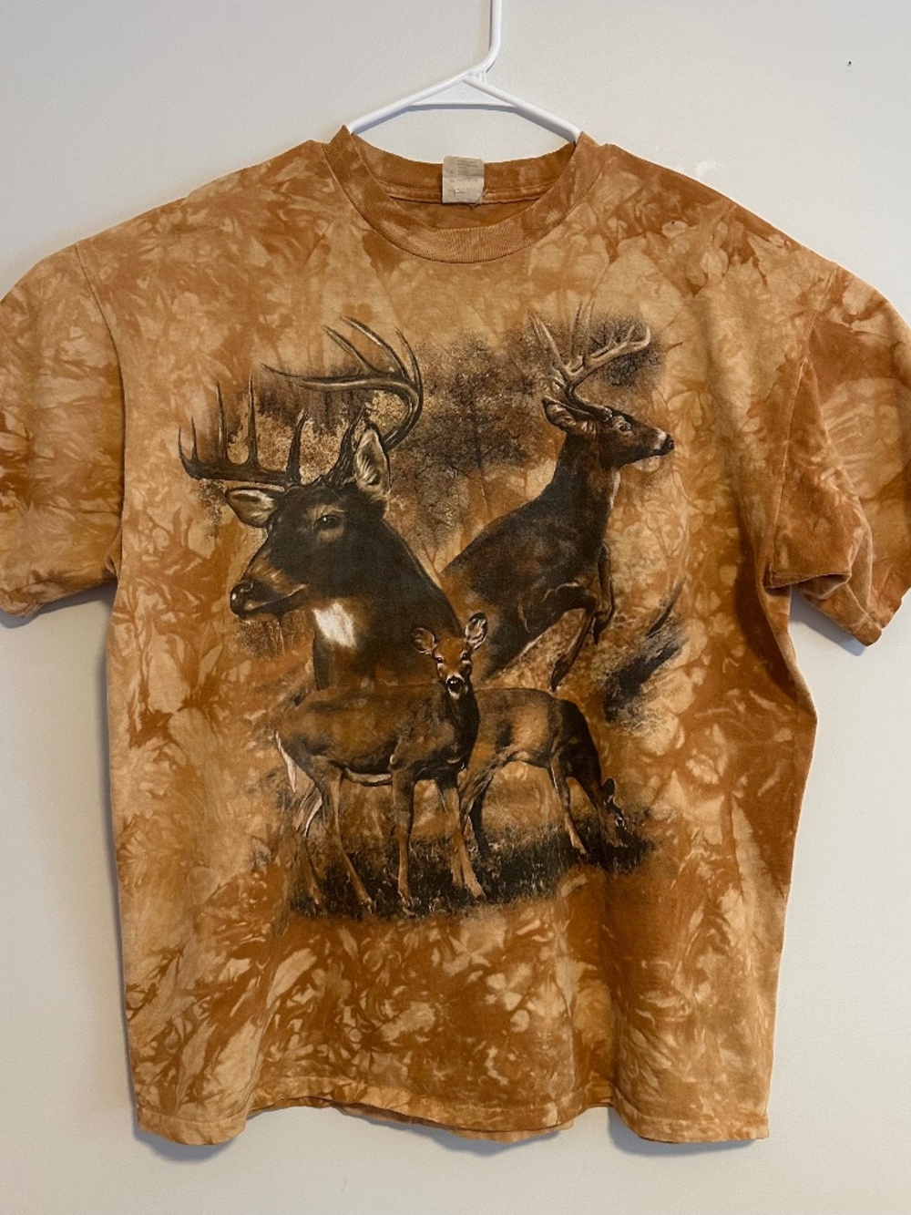 Men's Deer & Buck Tie Dye Print T-Shirt XL Brown Tan Y2K Short Sleeve